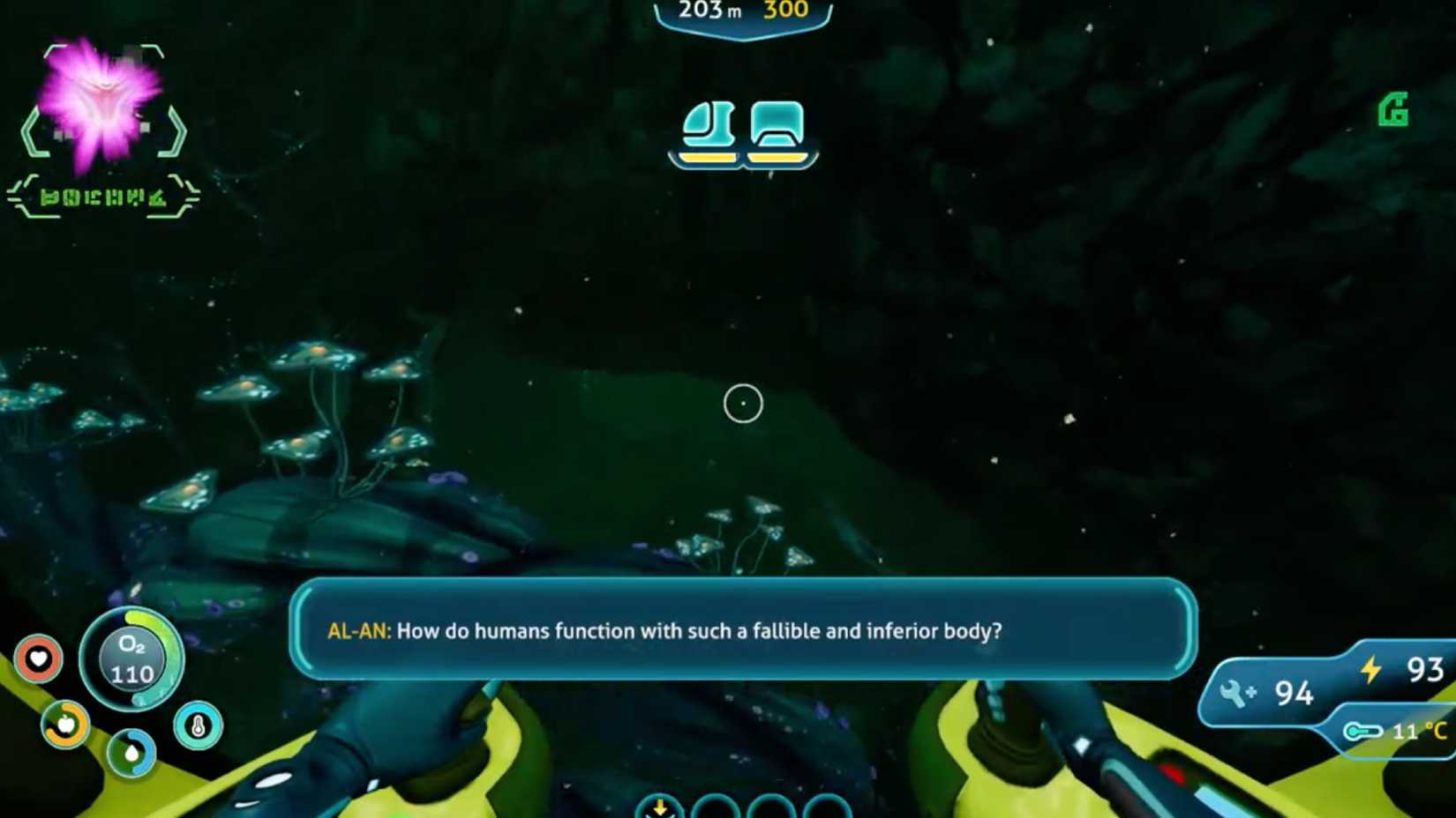 Al-An asks the player, "How do humans function with such a fallible and inferior body?"