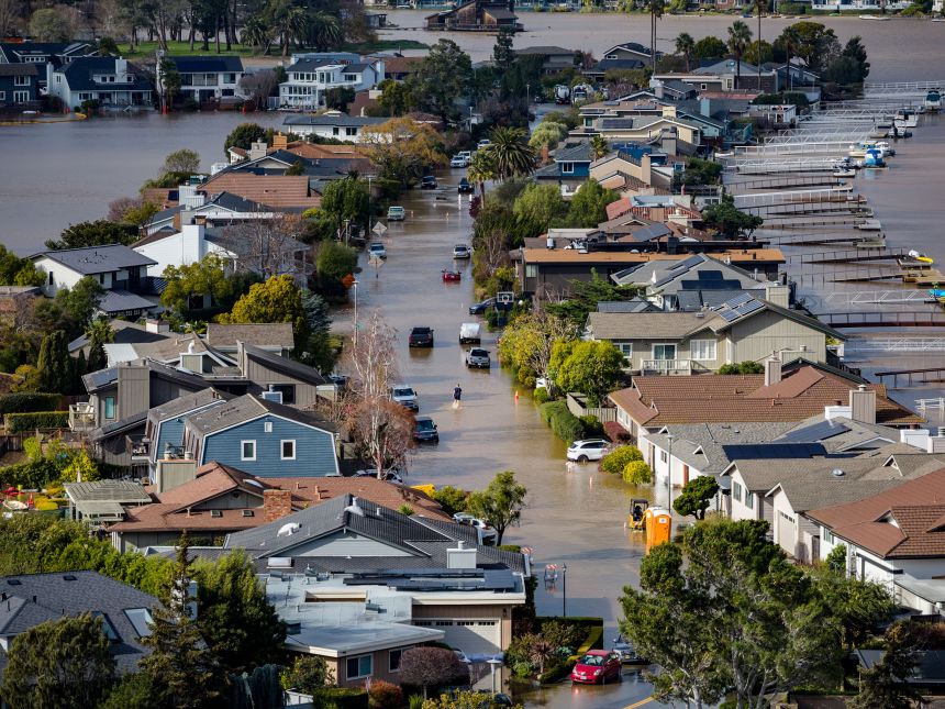 Floodwaters cover streets in Marin County, California on Saturday, January 3, 2026.