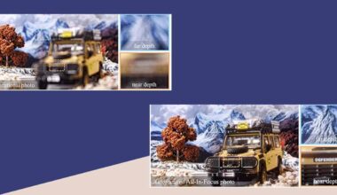 Images of a tree and a jeep showing the camera focus in a conventional camera vs to newly developed camera