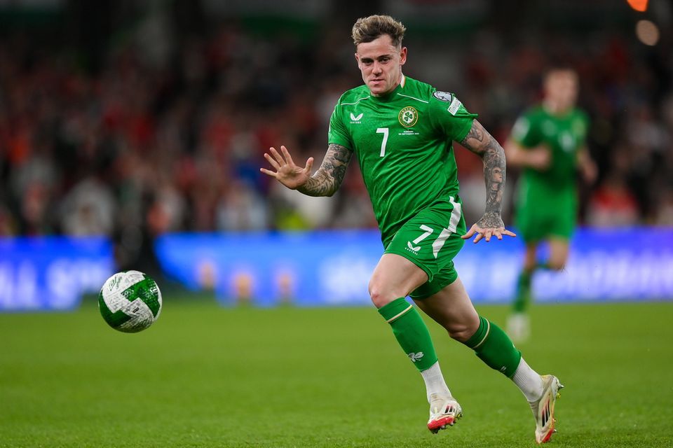Ireland's Sammie Szmodics during the FIFA World Cup 2026 Group F qualifying match against Hungary at the Aviva Stadium in September. Photo: Stephen McCarthy/Sportsfile