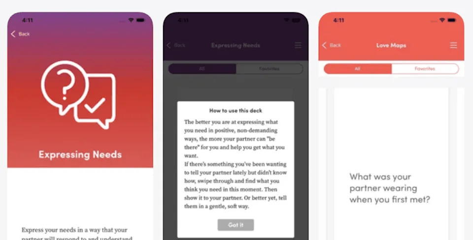 Three screenshots showing the interface of the Gottman Card Deck app. - Gottman Card Deck