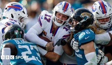 Buffalo Bills quarterback Josh Allen is tackled against the Jacksonville Jaguars