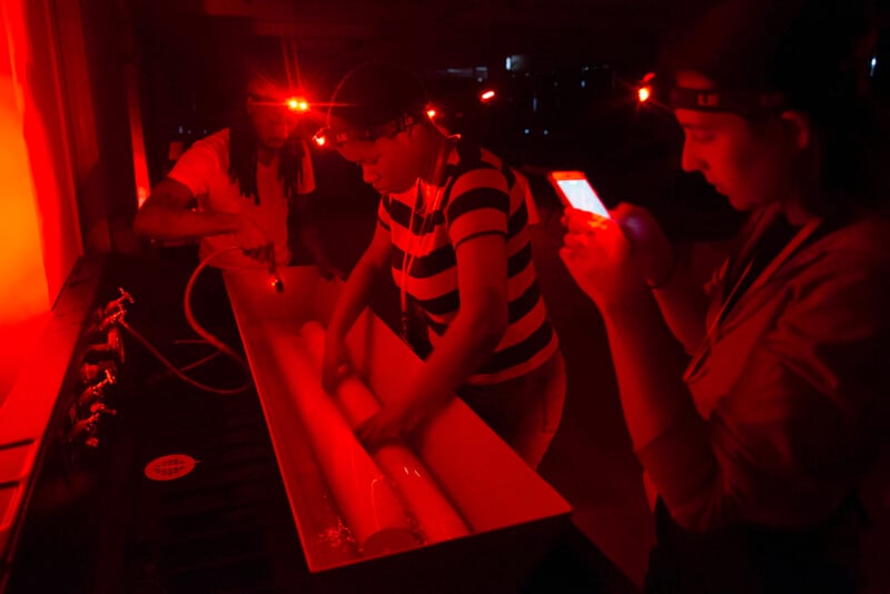 Three people wearing headlamps work with long tubes in a dark room lit by red light. One person handles the tubes, another shines a light, and a third takes a photo or reads from a phone.