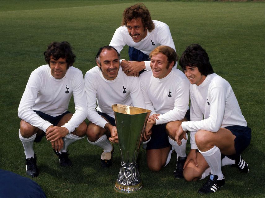 (l-r) Mike England, Ian Gilzean, Martin Chivers, Ralph Coates and Joe Kinnear of Tottenham Hotspur pose with the 1972 UEFA Cup. Picture: Action Images