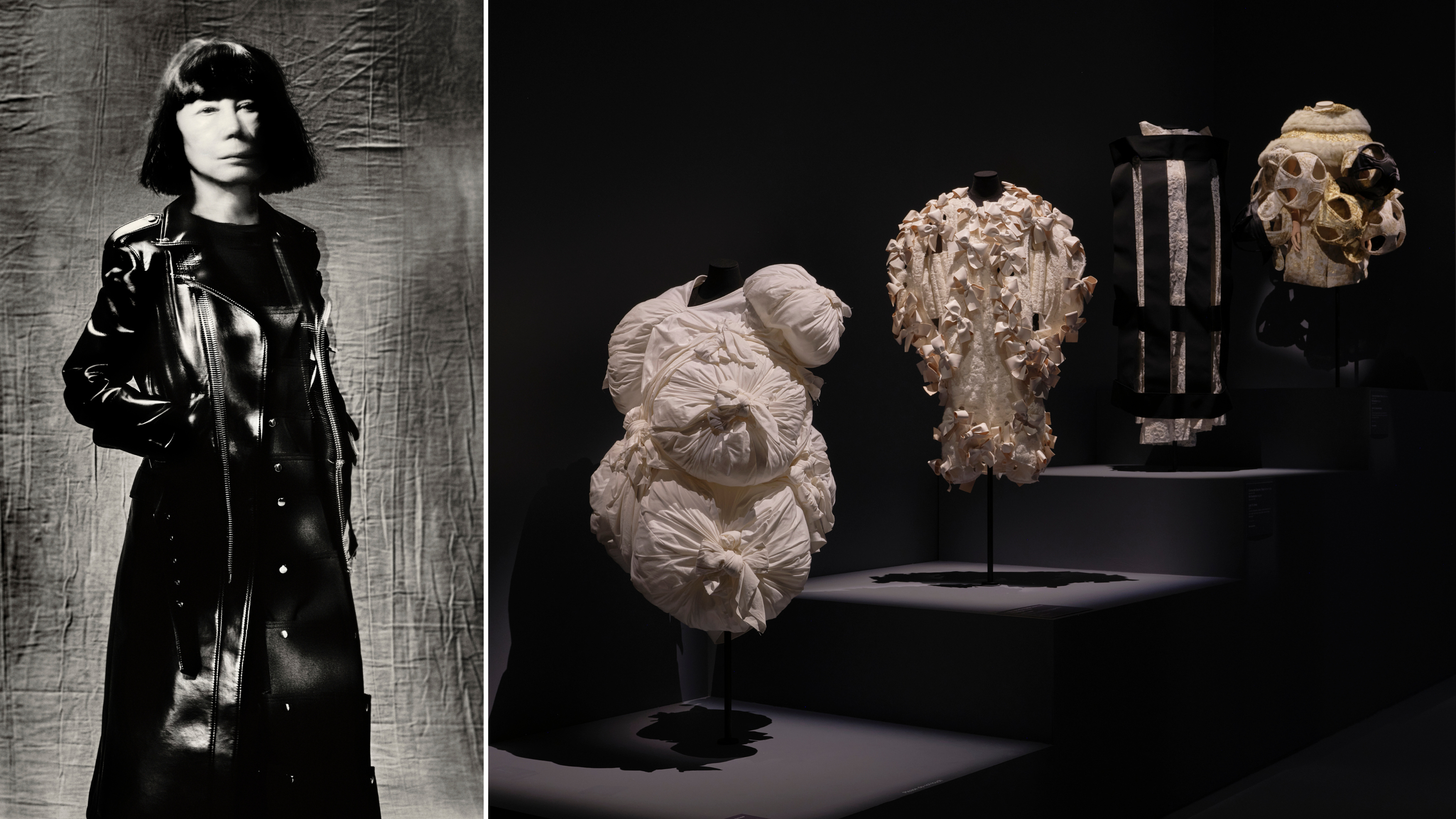 Composite image of amorphous black and white dresses with bulbous additions, and a portrait of Kawakubo in a black trench coat