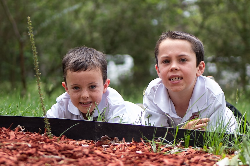 Two dark-haired boys of kindergarten age wear school uniform as they lie prone in grass near a garden bed.