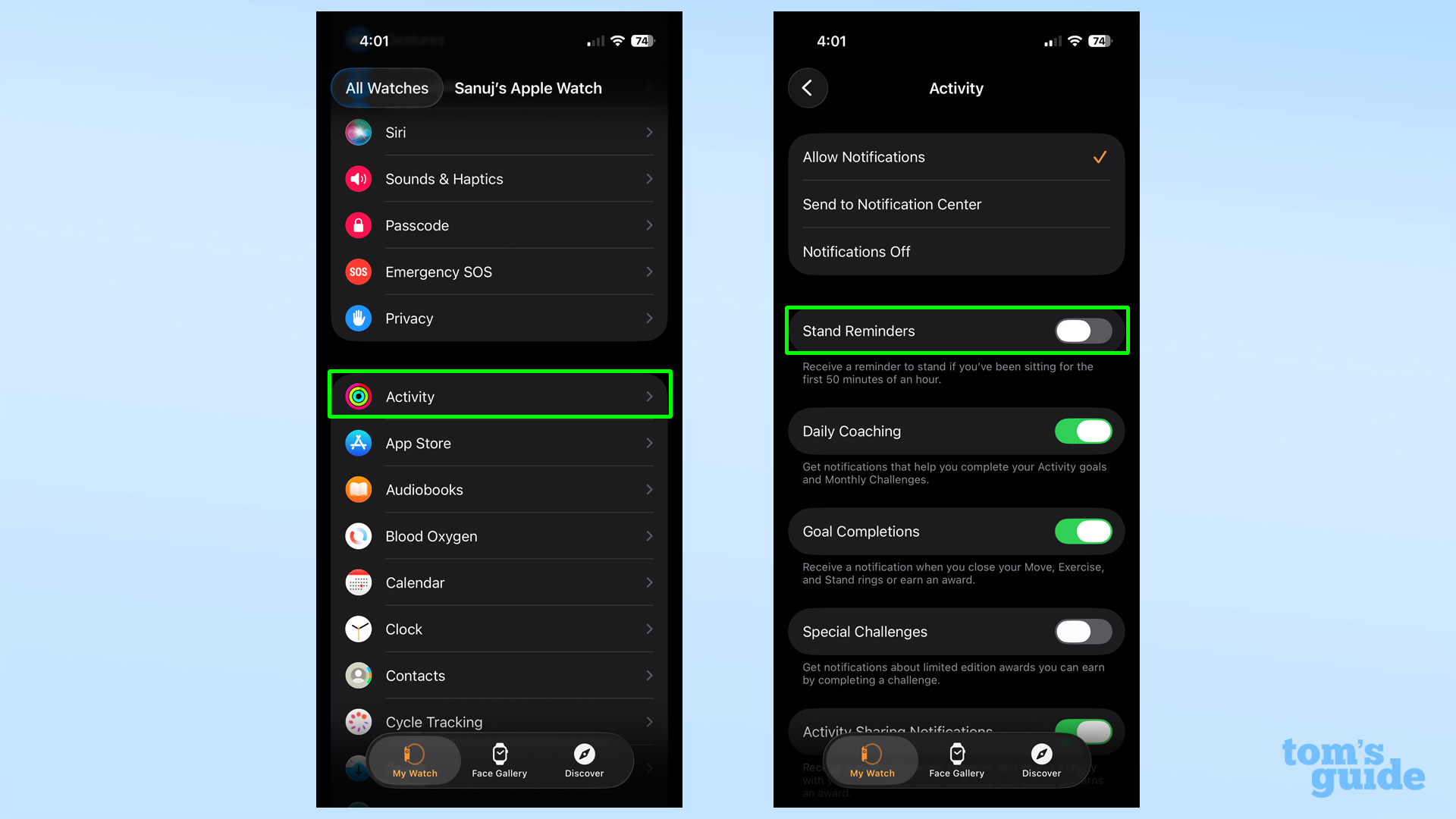 Apple Watch settings turning off stand notifications