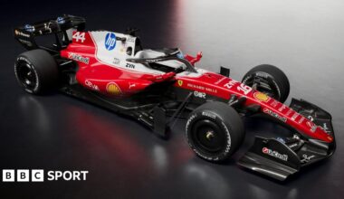 A graphic image showing the 2026 Ferrari Formula 1 car, from a side-on forward-facing angle
