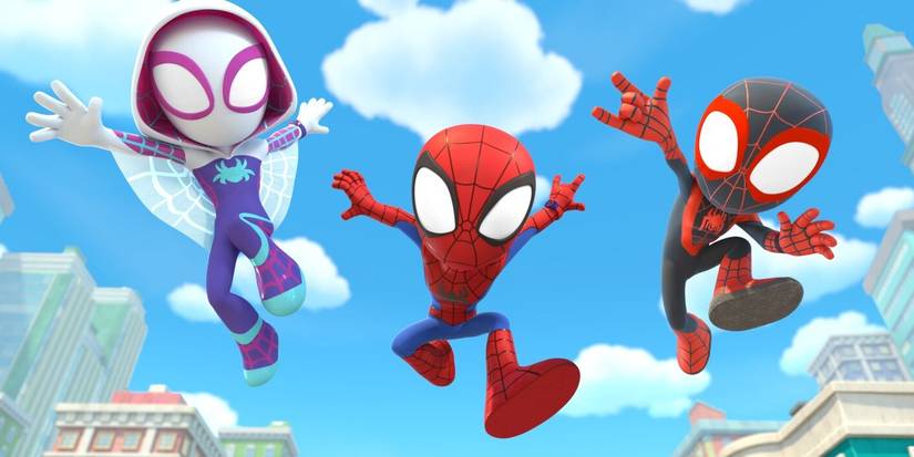 Ghost, Spider-Man, and Spin jumping in the air in the animated  Disney series Spidey and His Amazing Friends