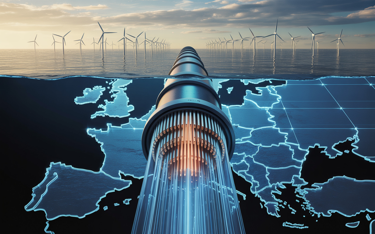 The submerged power cable, which runs more than 700 km under the sea, carries gigawatts of wind power and connects entire countries in a single continental high-voltage network.