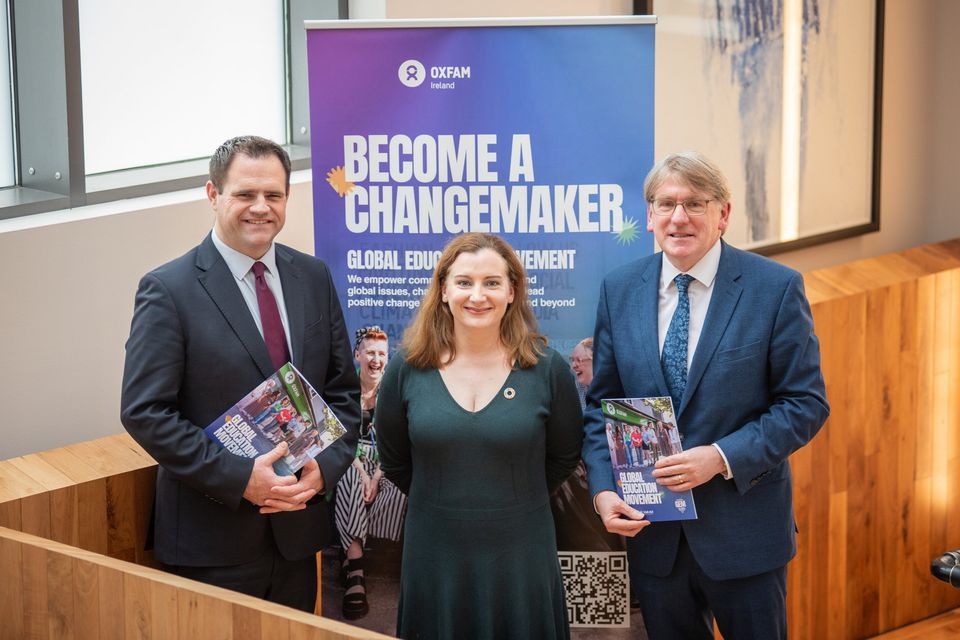 Minister Neale Richmond T.D., Bríd McGrath, Oxfam Ireland Director of Public Affairs and Jim Clarken, Oxfam Ireland Chief Executive at the launch of the charity's Global Education Movement at the National Opera House.