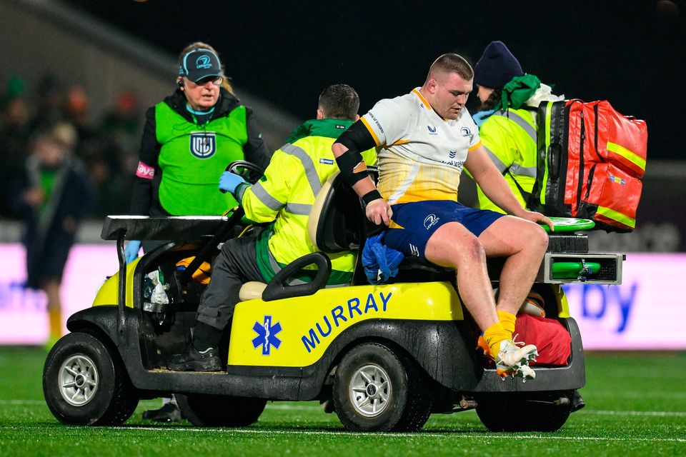 Leinster's Jack Boyle leaves the pitch with an injury during the United Rugby Championship clash at Dexcom Stadium. Photo: Brendan Moran/Sportsfile