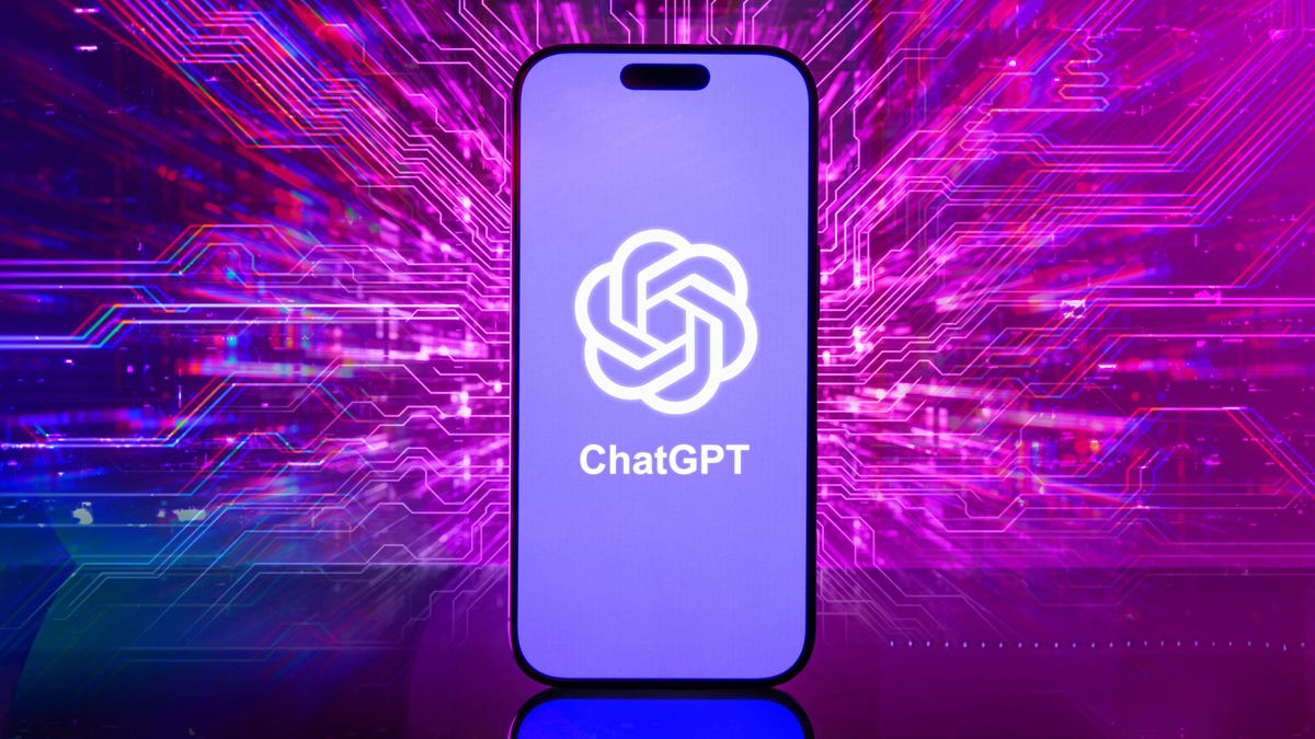 A ChatGPT logo on a phone, against a neon pink background