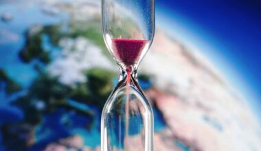 An hourglass floating in front of Earth, symbolizing how climate change is affecting the planet’s rotation and global timekeeping.