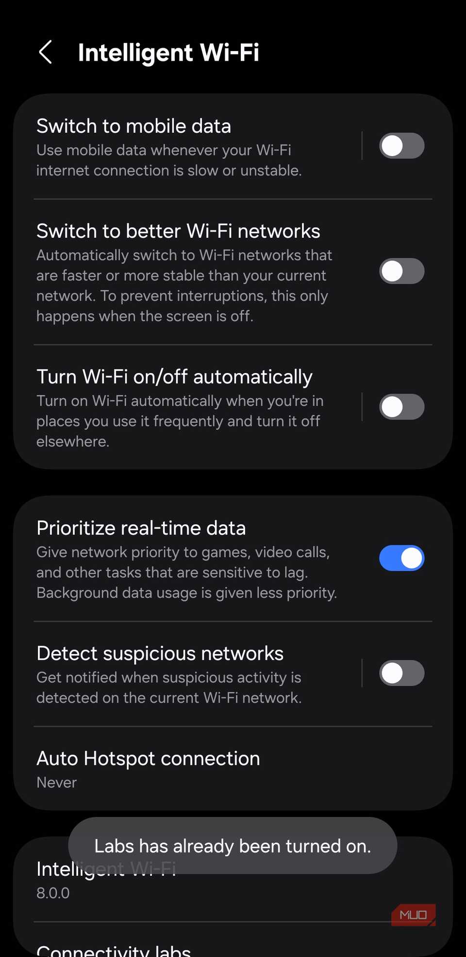 Connectivit labs Wi-Fi menu on Samsung phone
