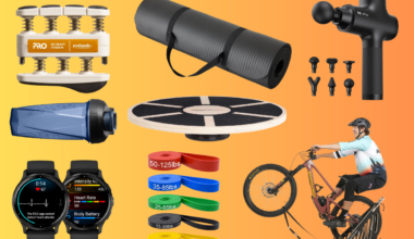A collage of fitness and wellness products on an orange gradient background. Items include a hand grip strengthener, a water bottle, a balance board, a yoga mat, resistance bands in various weights, two smartwatches displaying fitness metrics, and a massage gun with multiple attachments. Additionally, a person cycling on an exercise bike is featured, demonstrating an active lifestyle.