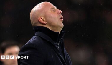 Liverpool boss Arne Slot shows his disappointment on the touchline