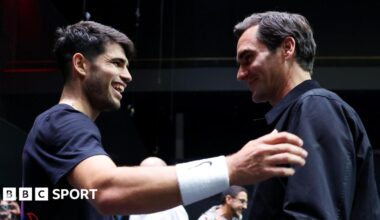Carlos Alcaraz greets Roger Federer at the 2025 Laver Cup
