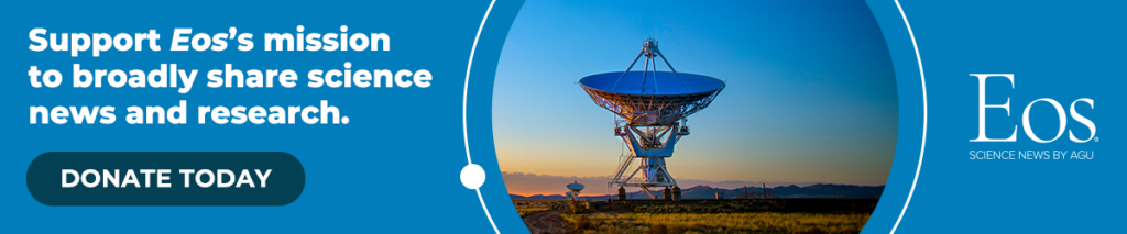 A photo of a telescope array appears in a circle over a field of blue along with the Eos logo and the following text: Support Eos’s mission to broadly share science news and research. Below the text is a darker blue button that reads “donate today.”