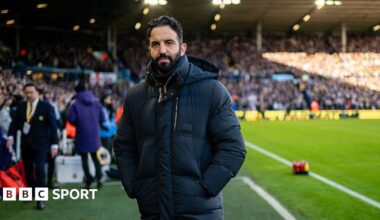 Manchester United head coach Ruben Amorim in a dark winter coat on the touchline before the 1-1 draw with Leeds