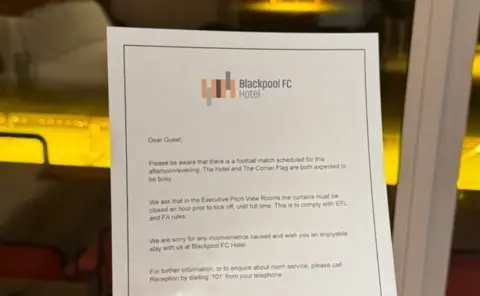 Dazza Letter from Blackpool FC Hotel saying "curtains must be closed an hour prior to kick off until full time".