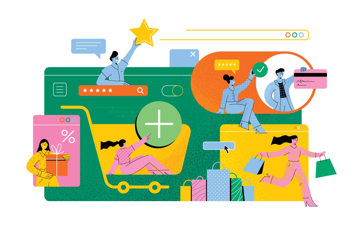 graphic depicting people shopping, buying, paying and rating online.