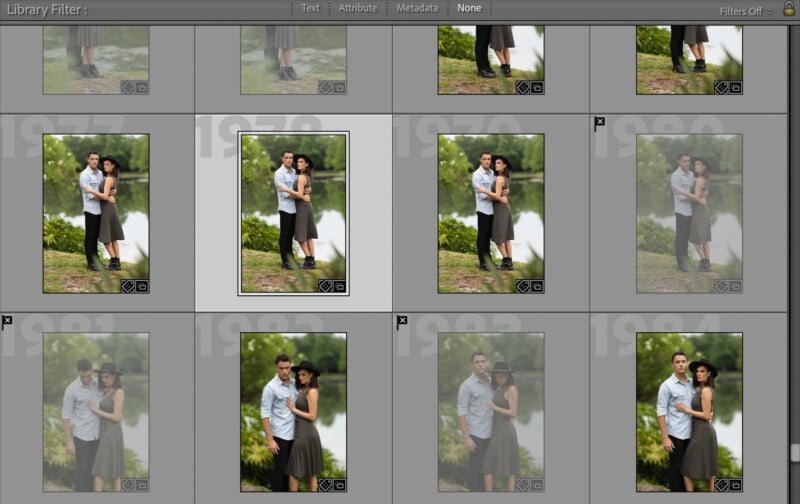 A digital photo grid shows a man and woman posing together outdoors, highlighted in the center. Other versions of the same photo are partly faded, with years 1977–1982 faintly visible in the background.