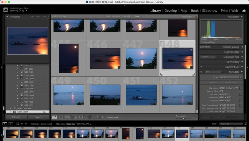 Screenshot of Adobe Lightroom Classic showing a photo library with thumbnails of moonlit lake scenes, orange reflections on the water, and histogram and metadata panels on the right.