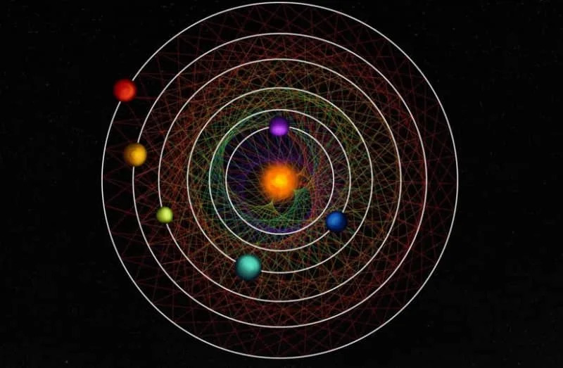 An artist's illustration of the six newly discovered planets circling their star in resonance. Image by Roger Thibaut. (credit: NCCR PlanetS)