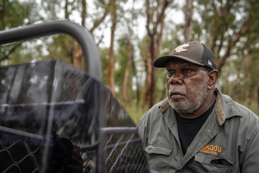 A man looking away from the camera as he steers a boat through a flooded national park.