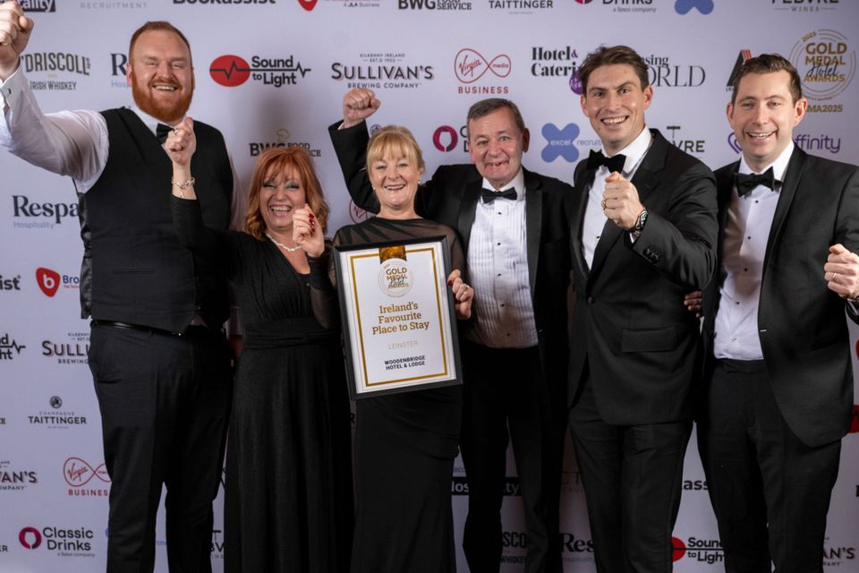 Pa Hughes, Ines Kottnig, Gillian O'Brien, Lorcan O'Brien and Joseph and Mark Scott Lennon from the Woodenbridge Hotel & Lodge celebrate winning ‘Ireland’s Favourite Place to Stay – Leinster’ at the 36th Gold Medal Awards. Photo: Paul Sherwood