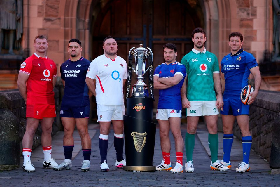 Captains Dewi Lake (Wales), Sione Tuipulotu (Scotland), Jamie George (England), Antoine Dupont (France), Caelan Doris (Ireland) and Michele Lamaro (Italy) at the Six Nations launch Edinburgh. Photo: Steve Welsh/PA Wire