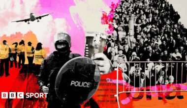 An illustration showing riot police officers, stewards, and fans outside football matches