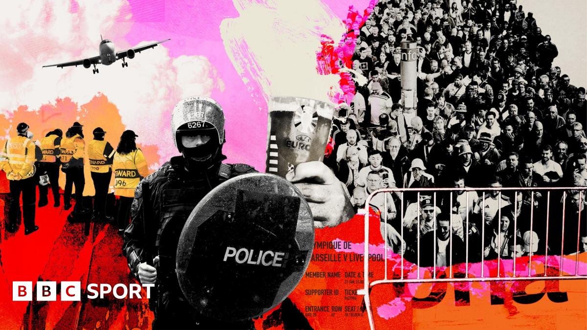 An illustration showing riot police officers, stewards, and fans outside football matches