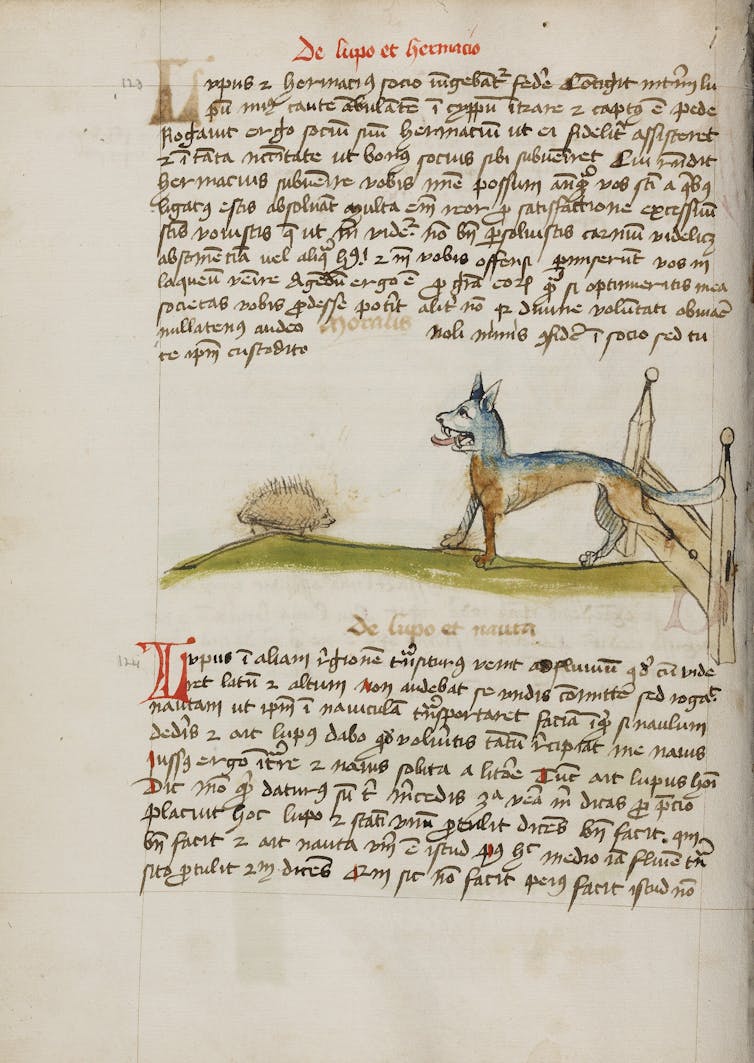 An illustrated text page and an image of a hedgehog and a wolf.