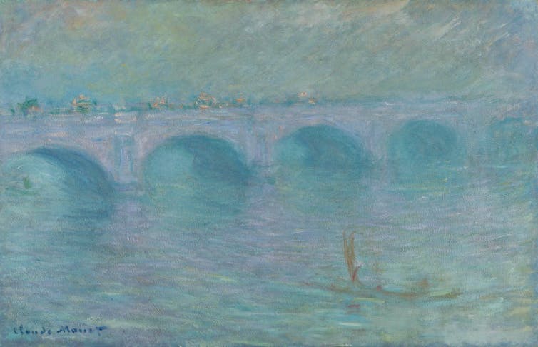 painting of a bridge in fog
