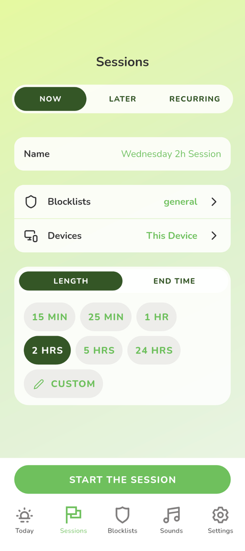 A screenshot showing the home screen of the Freedom app, with all session settings