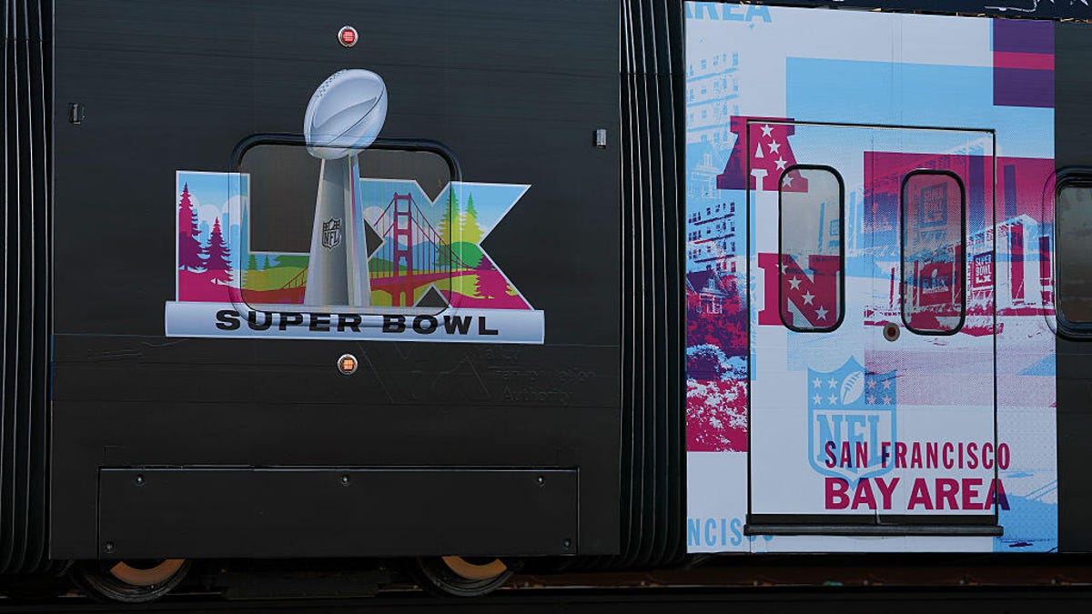 An image of the Super Bowl LX logo on a train in San Francisco