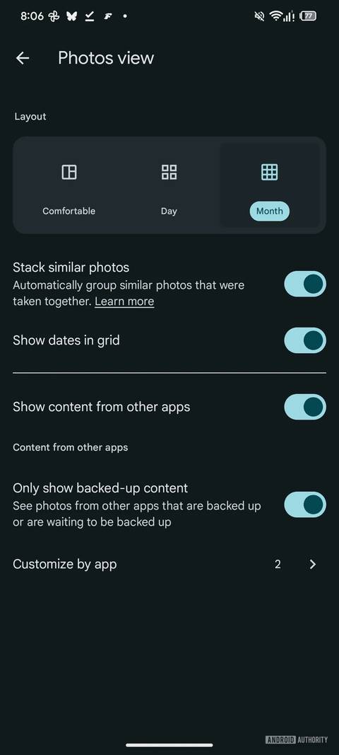 Screenshot showing Google Photos Show dates in grid