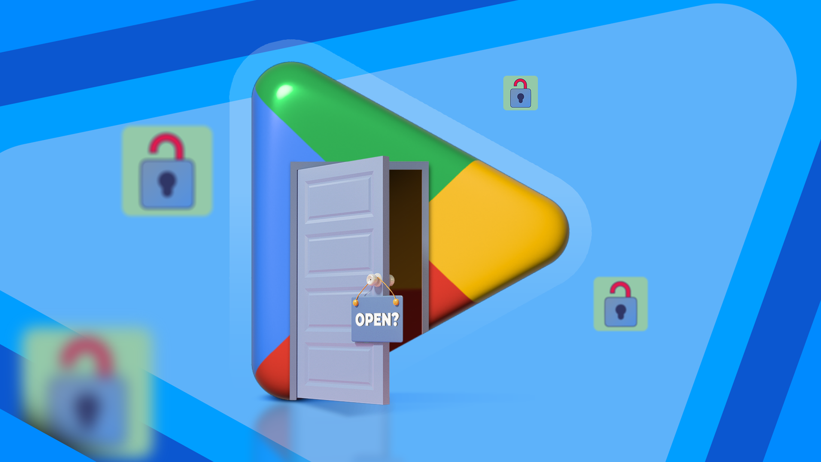 Google Play Store logo illustrated with a door opening in the center, showing a sign that says 'OPEN', surrounded by floating unlocked padlock icons.