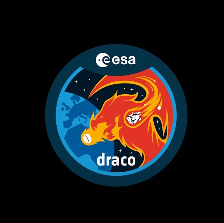 a logo showing flames surrounding a satellite falling to earth. the flames form the shape of a dragon