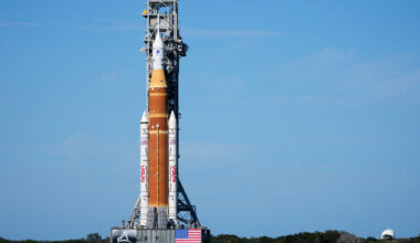 Rocket for Nasa's first crewed mission to the moon since the 1970s arrives at launch pad