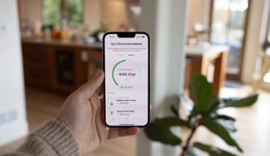 A person holds a phone showing an energy efficiency app.