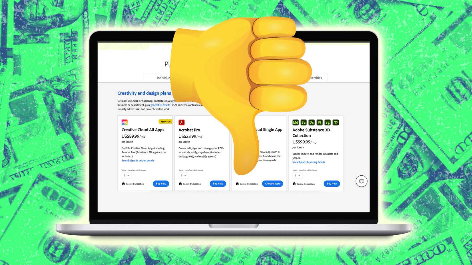 A laptop with the Adobe subscription price plan website page and a large thumbs down hand in front of it
