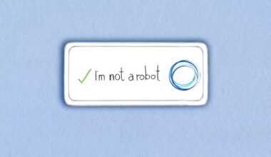 Illustration of sign with a tick and a blue swirl either side of the words: ‘I’m not a robot’
