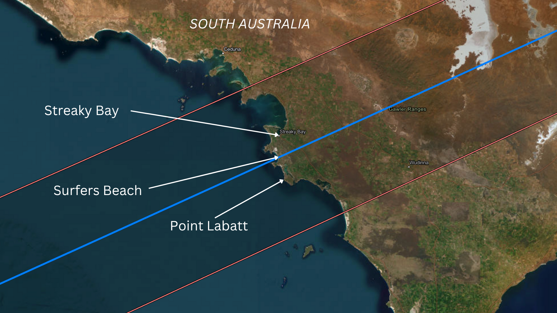 A series of maps showing the southern tip of Africa and Australia with various labels indicating parks all placed along a transparent dark line representing the path of the sun for the 2030 total solar eclipse.