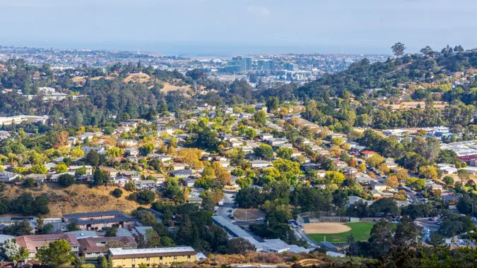 Valley Homes panoramic view in Belmont, San Mateo County, California.