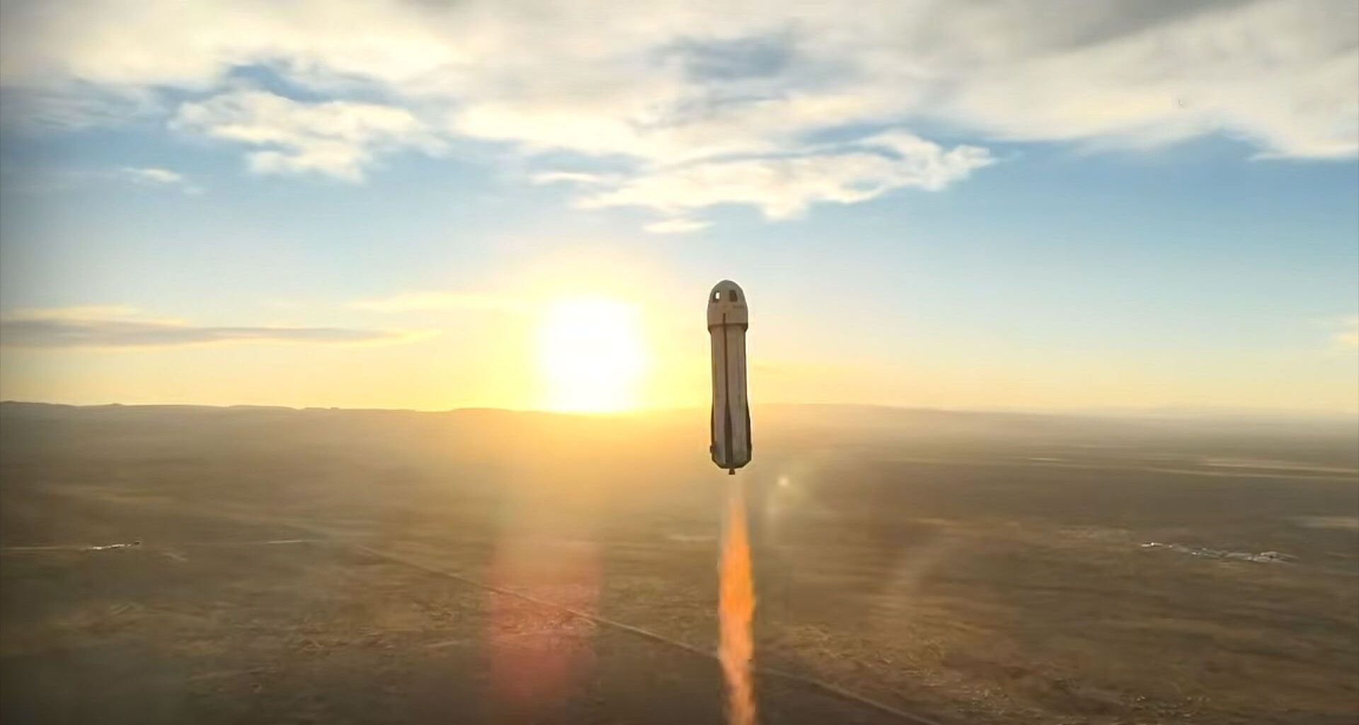 a small rocket carrying six people in a capsule lifts off, set against the rising sun