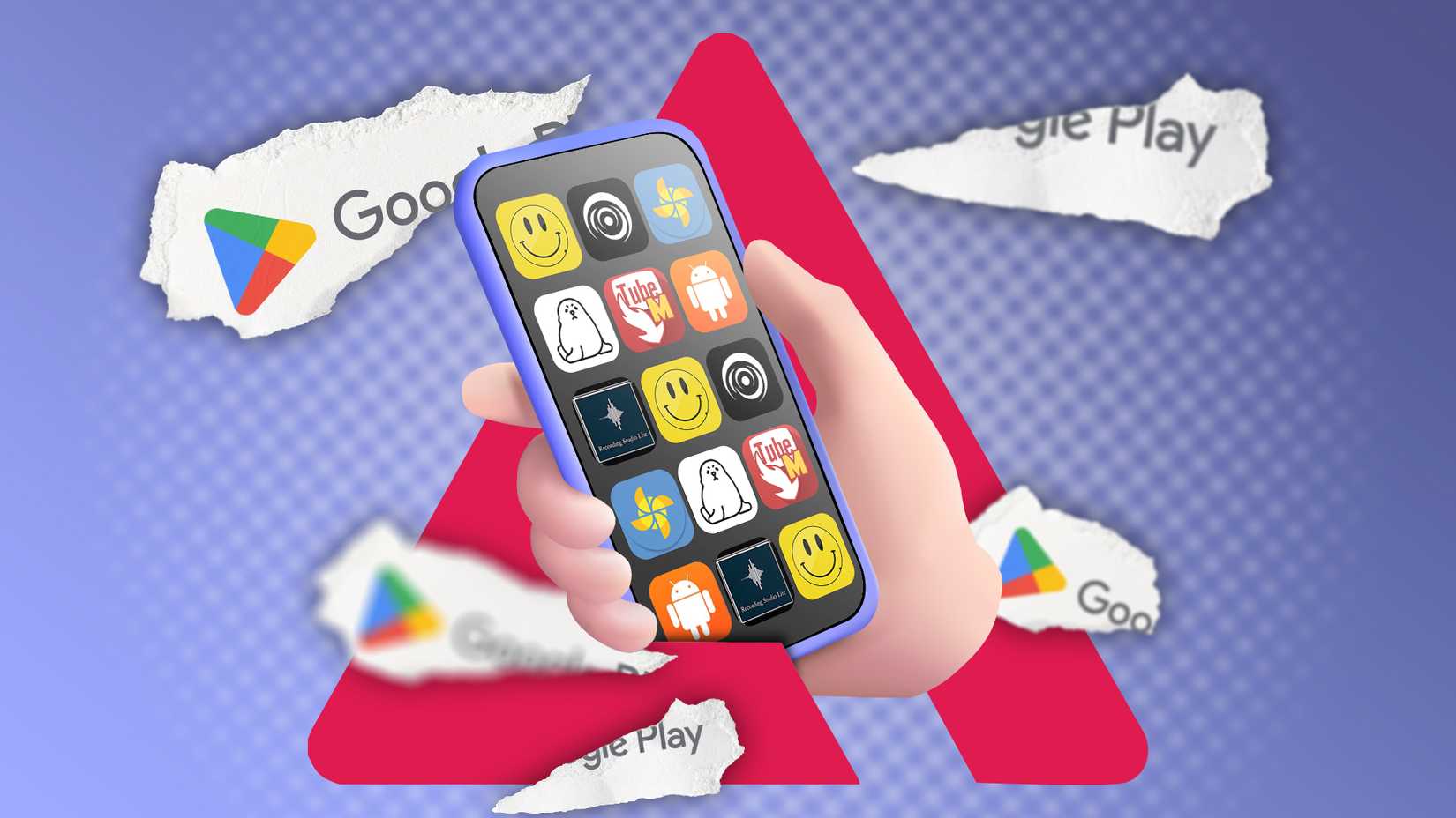 Illustration of a hand holding a phone with icons of various apps on the screen