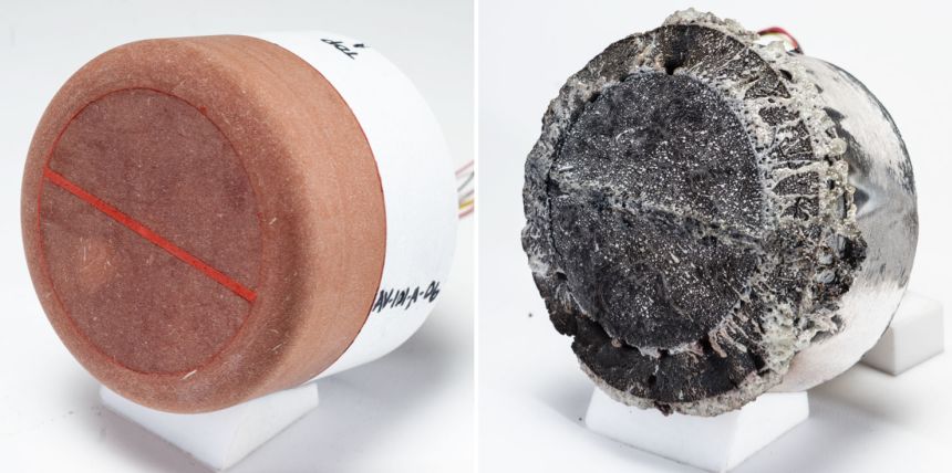 Before and after photographs show test results of heating Avcoat material for 660 seconds.